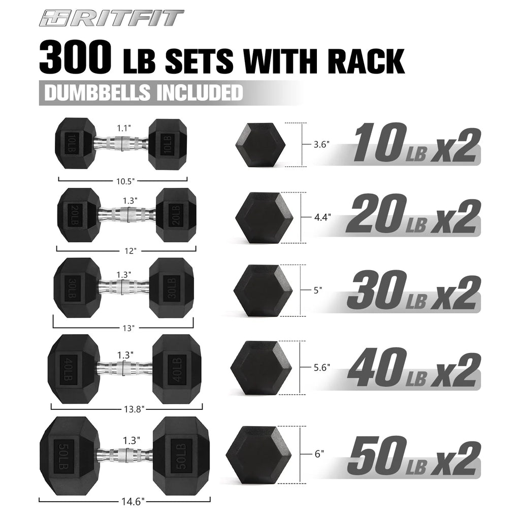 Rubber Hex Dumbbells Set with Rack 60LB-300LB