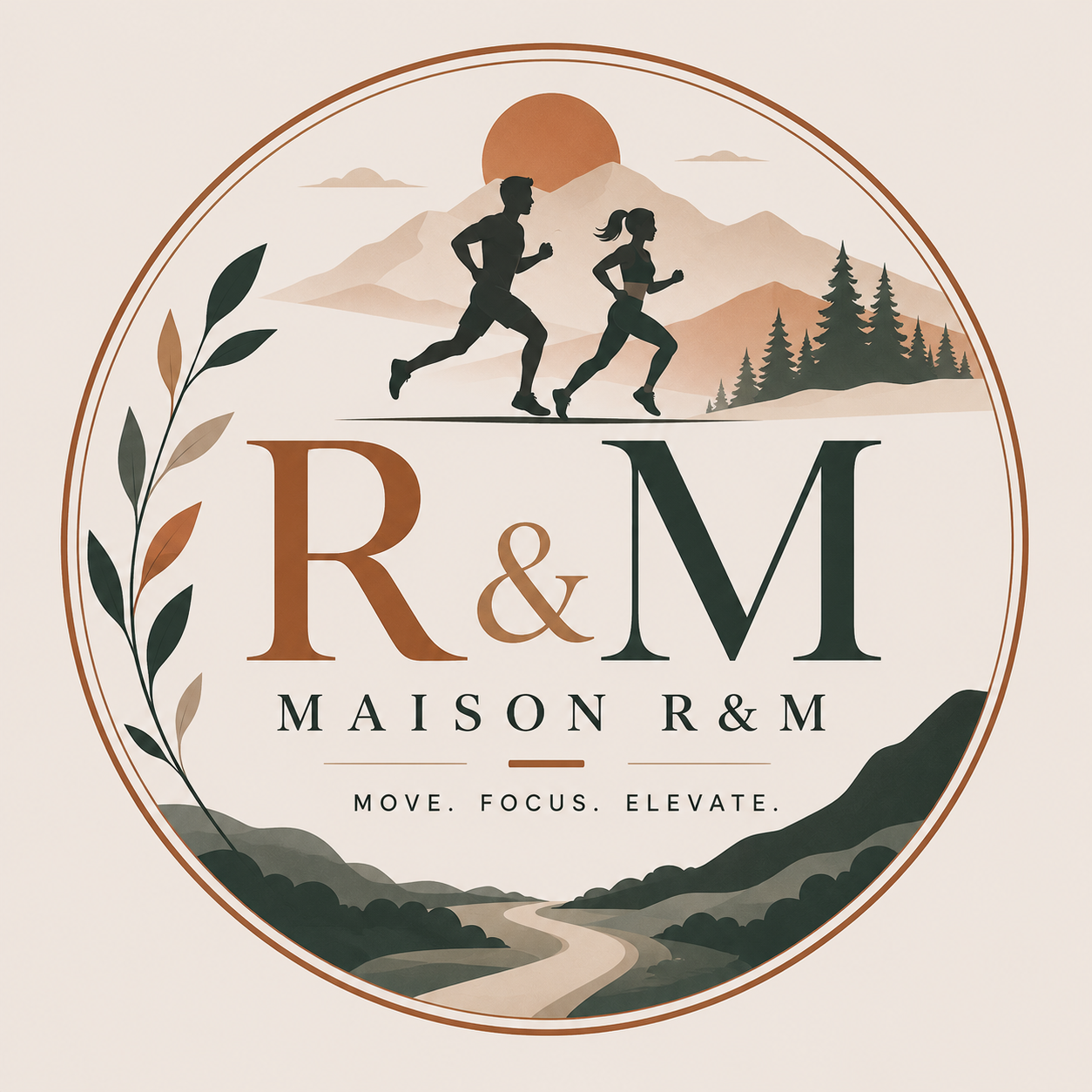 Maison R&M logo featuring silhouettes of a couple running against a mountain sunset backdrop.