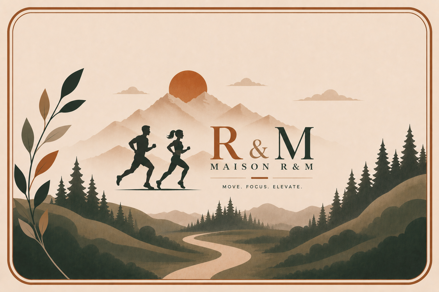 Silhouettes of a man and woman jogging in a mountain landscape at sunset.