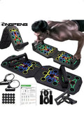 Ringpeng foldable push-up board with color-coded muscle targets and resistance bands