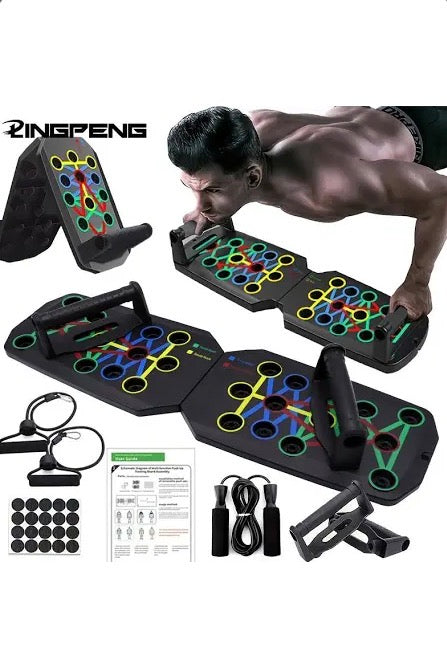 Ringpeng foldable push-up board with color-coded muscle targets and resistance bands